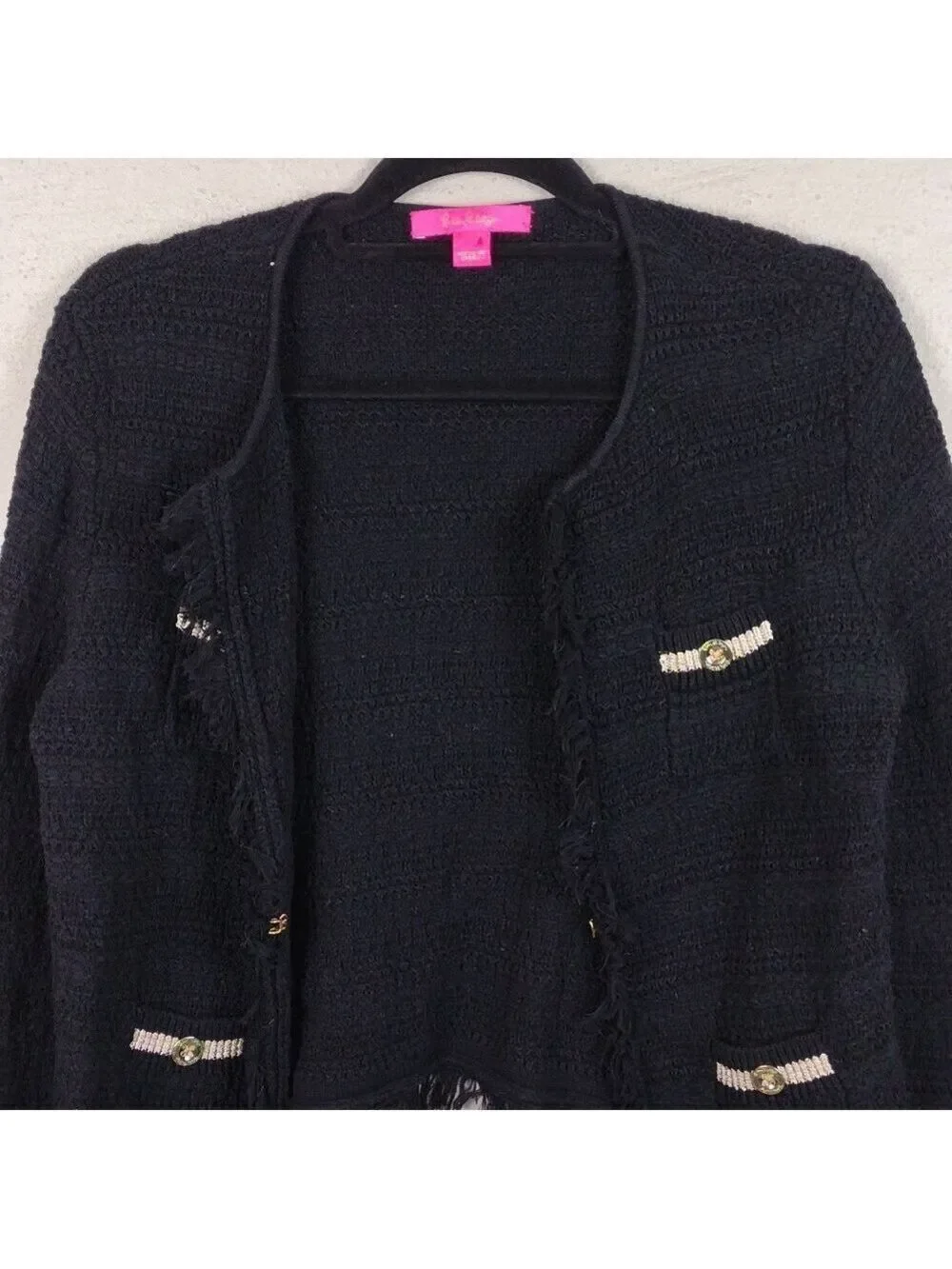Lilly Pulitzer Black Gold Metallic Textured Knit One Clasp Front Cardigan Jacket
